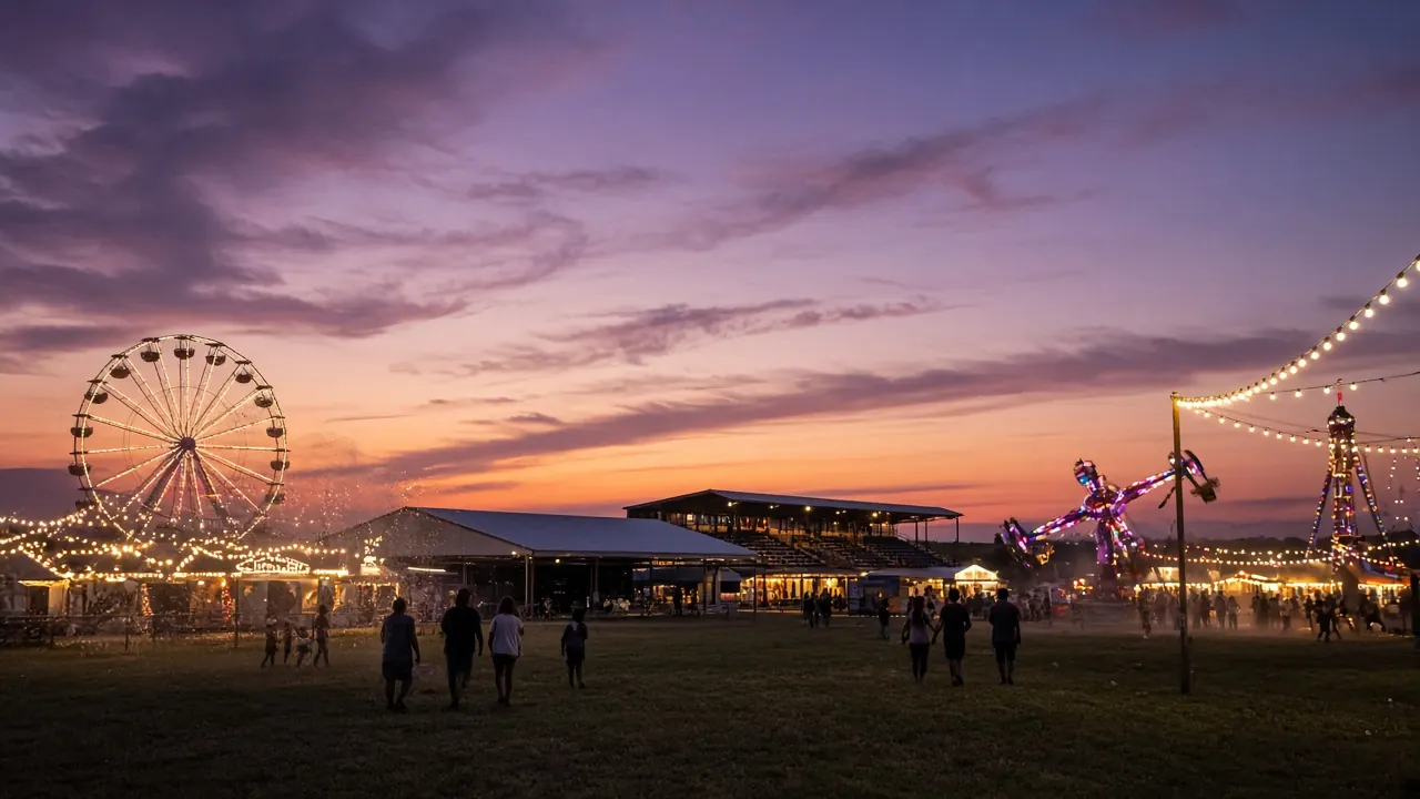 A country show sideshow alley and Ferris wheel at dusk