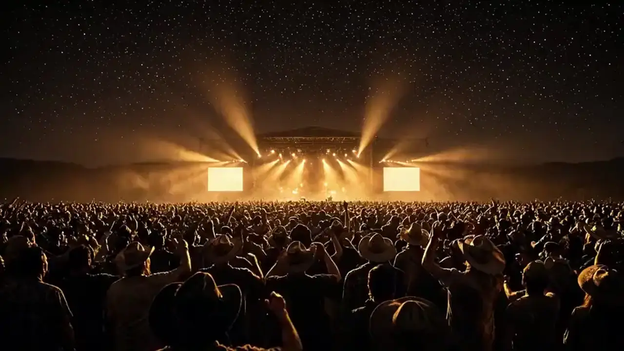 Stage lights sweeping over a festival crowd at night