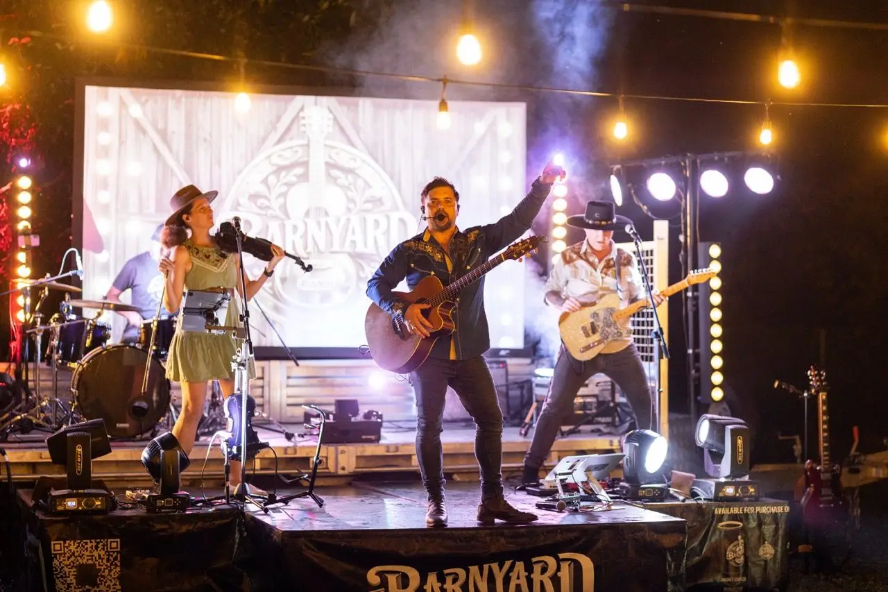 The Barnyard Band live on stage at night