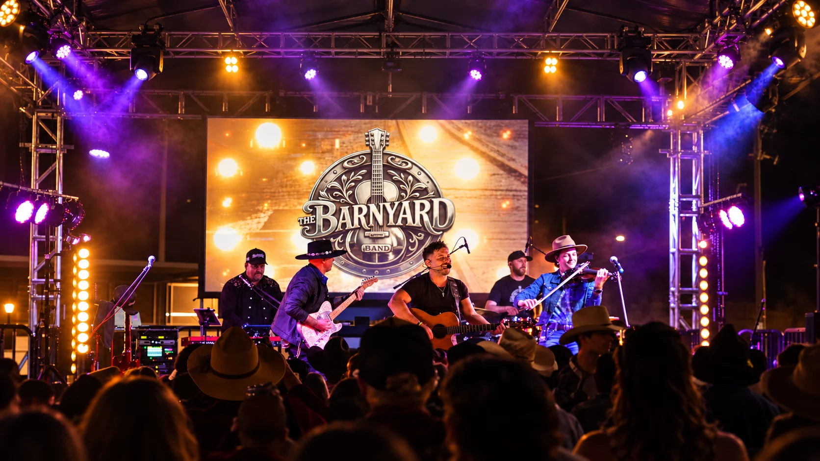 The Barnyard Band on stage with full concert lighting, truss and LED screen