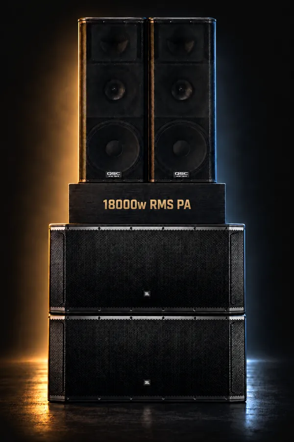 18,000 W RMS PA: QSC KW153 tops on JBL SRX828SP subs