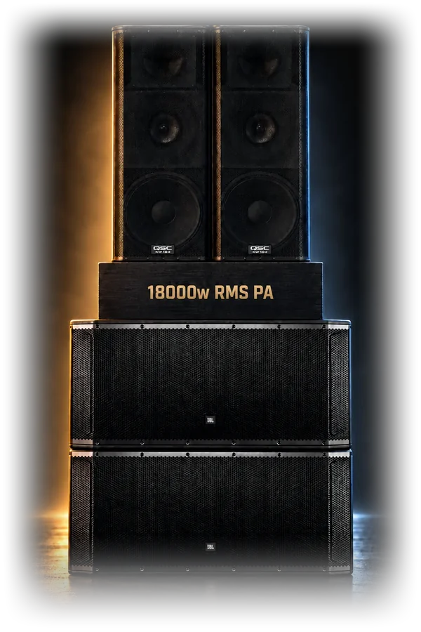 18,000 W RMS PA: QSC KW153 tops on JBL SRX828SP subs