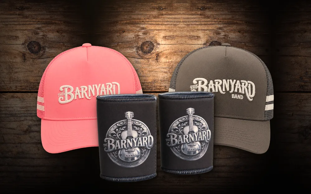 Barnyard prize pack: Barnyard Band caps and stubby coolers on timber